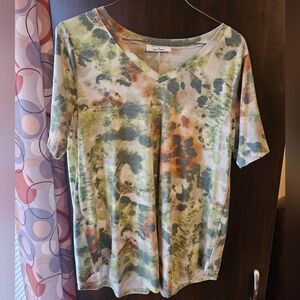 Zenana Outfitters Tie-Dye V-Neck Top - Green, Orange, Cream